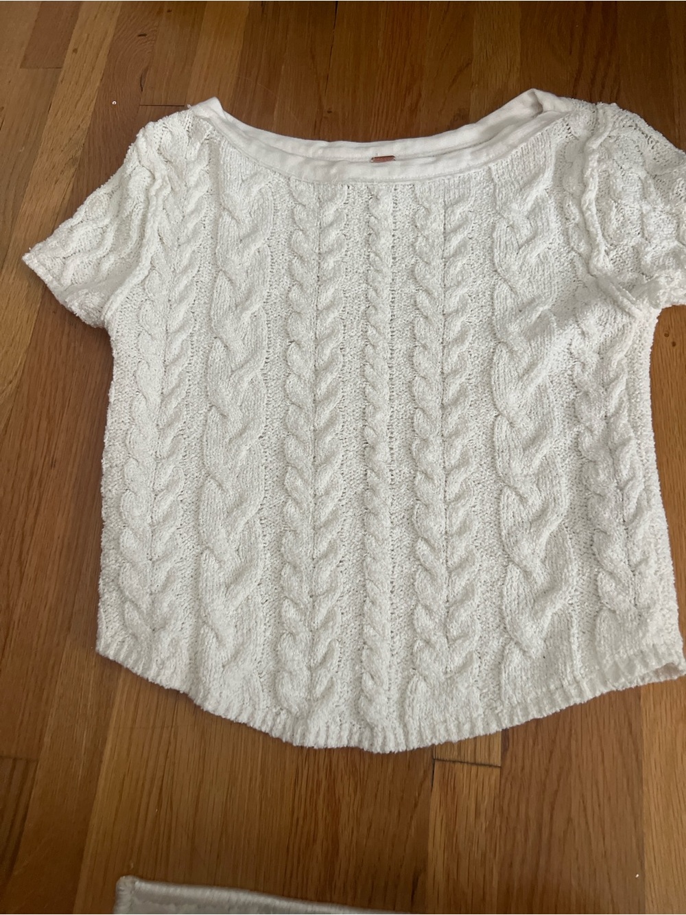 Free People Cream Off-Shoulder Cable Knit Short Sleeve Top